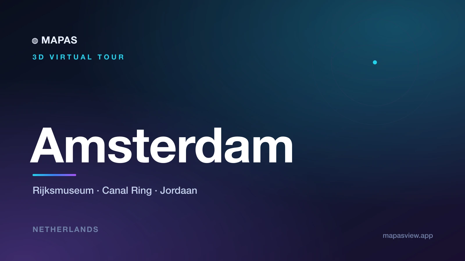 A 3D aerial view of Amsterdam's Canal Ring, its concentric waterways and gabled houses seen from above.