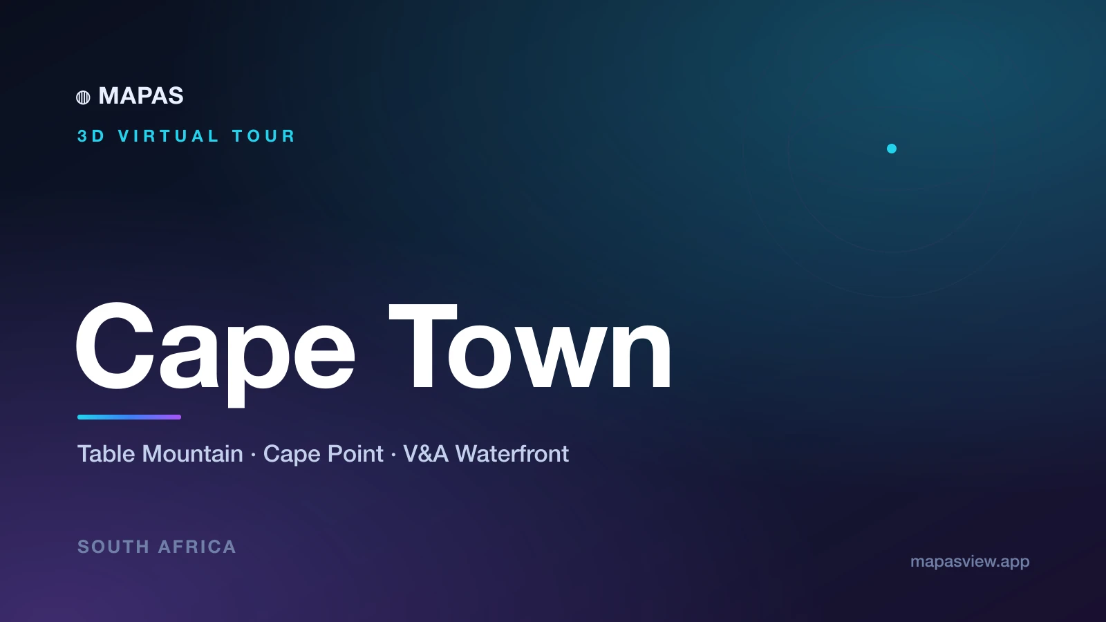 A 3D aerial view of Cape Town with the flat top of Table Mountain rising above the city and the harbour of the V&A Waterfront below.