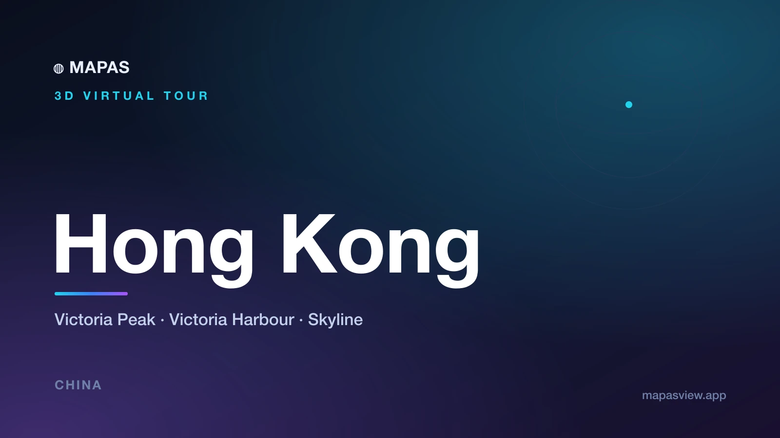A 3D aerial view of Hong Kong at dusk, with Victoria Peak rising over the illuminated skyline and Victoria Harbour glowing below.