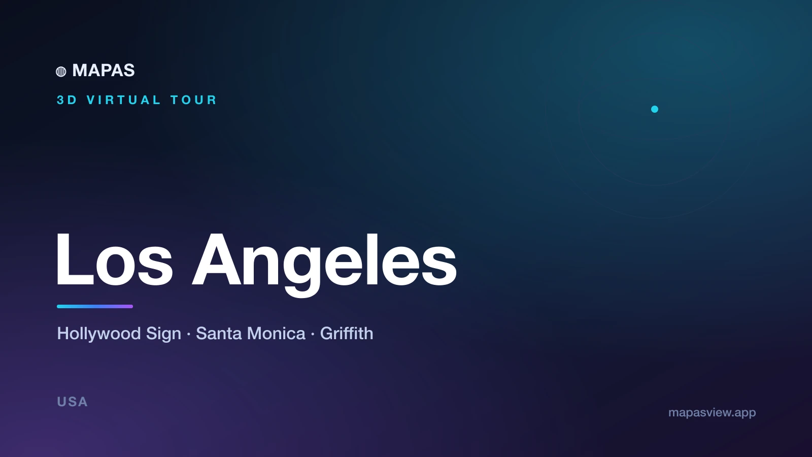 A 3D aerial view of Los Angeles showing the Hollywood Sign in the hills, the Santa Monica Pier on the coast, and the Griffith Observatory above the city.