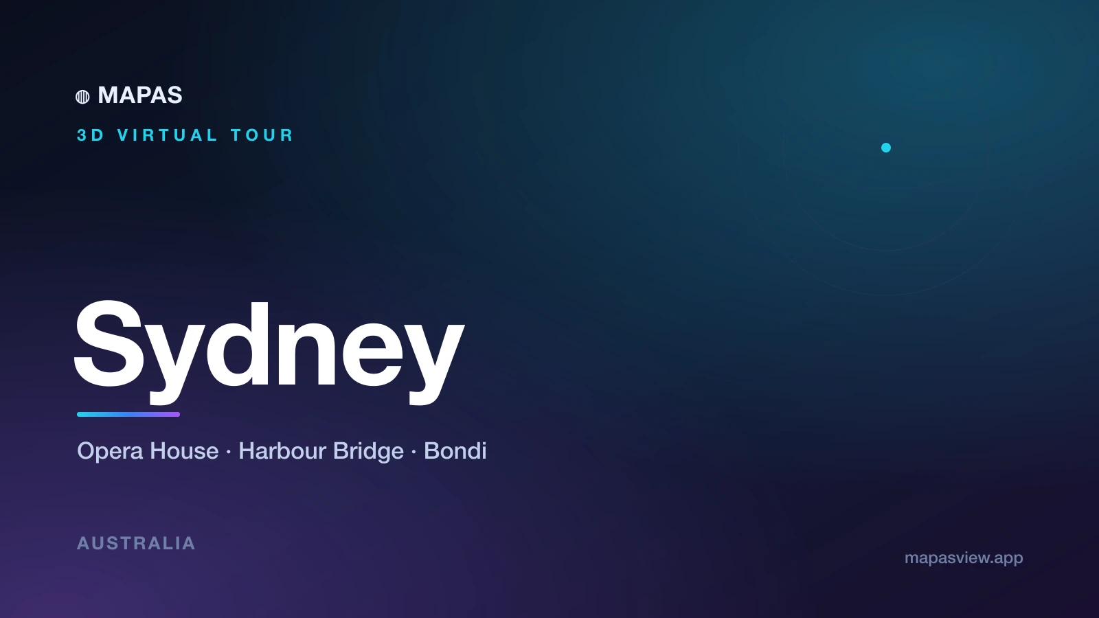 A 3D aerial view of Sydney Harbour with the Opera House and Harbour Bridge beside the blue water.