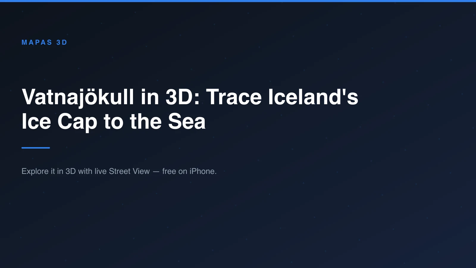An aerial 3D view of Vatnajökull, Iceland, with the white ice cap spilling outlet glaciers between dark peaks toward a glacier lagoon on the coast.